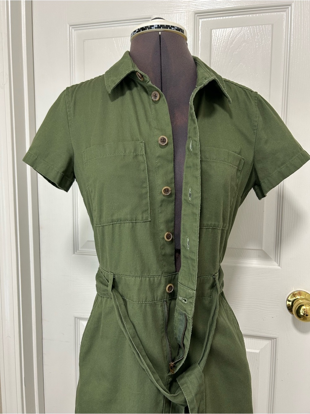 J Crew Cotton Olive Green Utility Shirt Dress Belt Pockets Elastic Back Waist 2 - Picture 7 of 14